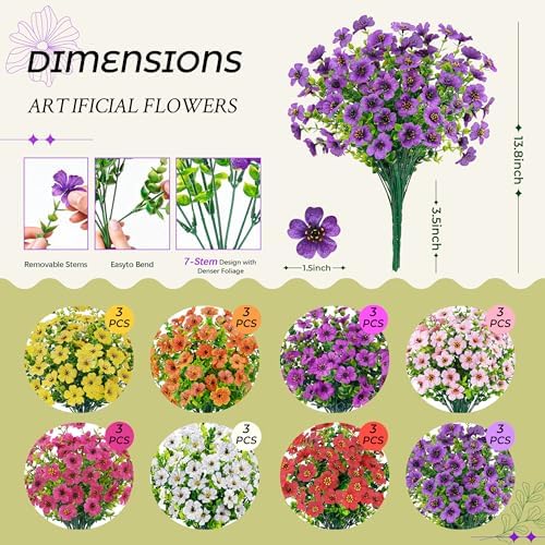 Der Rose 24 Bundles Artificial Flowers for Outdoor UV Resistant Faux Plants for Wedding Home Garden Patio Porch Spring Decor (8 Colors) - Image 3