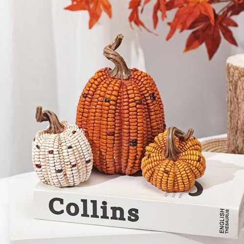 Briful Fall Decorative Corn Pumpkin Set – 3-in-1 Resin Pumpkins Harvest Décor Fake Corn Pumpkins Centerpiece for Thanksgiving Table Tiered Tray Outdoor Autumn Decorations - Image 5