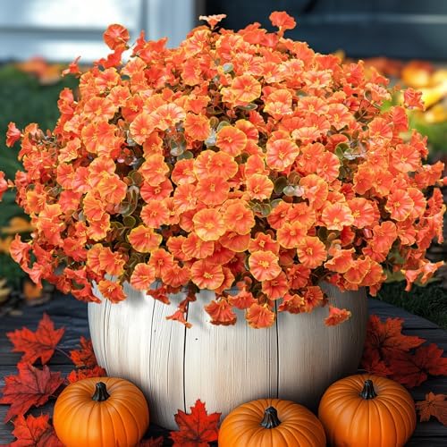 Artificial Fall Flowers for Outdoor 16 Bundles Morning Glory, Autumn Orange - Image 3