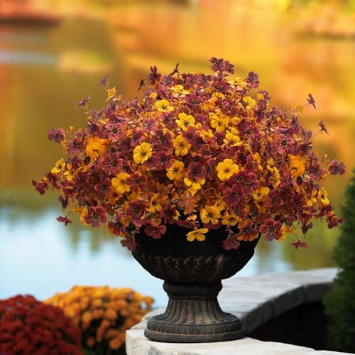 Grunyia 16 Bundles Artificial Fall Mums with Eucalyptus, Faux Daisy UV Resistant Outdoor Decor - Autumn Orange Flowers for Front Door Porch Planter, Patio, Thanksgiving Christmas (Fall Yellow&Red) - Image 2