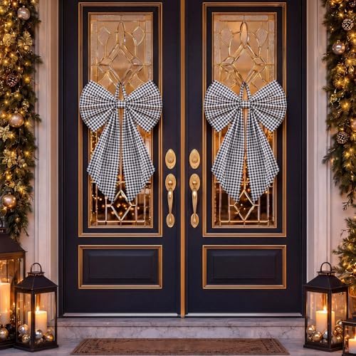 Suncalla 2 Pcs Black White Christmas Gingham Wreath Bows 18'' x 12'' - Image 5