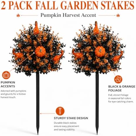 2 Pack Fall Pumpkin Topiary Trees with Stakes, 22 Inch (Black) - Image 2