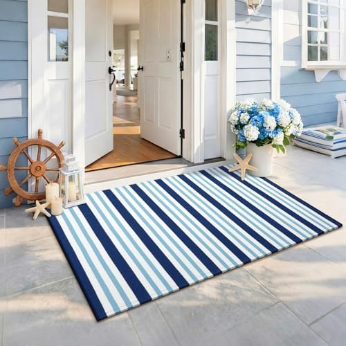 Moucuny 3' X 5' Navy White Blue Summer Vertical Stripe Outdoor Rug - Image 2