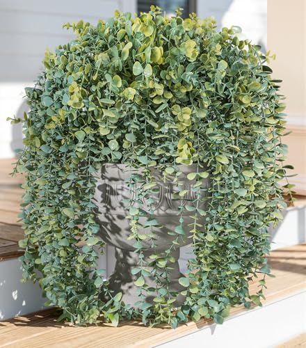 Faux Outdoor Plants Fake Hanging Plants for Outdoors Outside Decorations, 2 Pcs White Faux Eucalyptus Vines Realistic UV Resistant Artificial Greenery for Planters Porch Garden Yard Front Door Patio by Ivydale