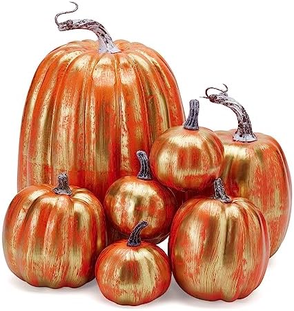 Lizxun 7Pcs Artificial Pumpkins Halloween Decoration, Lifelike Simulation Mixed Harvest Fall Foam Pumpkins for Halloween Thanksgiving Home Party Supplies (Orange Gold-7Pcs) by Unknown