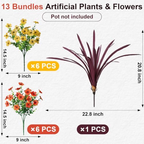 Fall Flowers Artificial Mums for Outdoors Autumn Decor, 12 Bundles Fake Fall Mums with 1 pcs Burgundy Orchid Leaf UV Resistant Realistic Faux Plants for Outside Home Porch Patio Planter, Orange Yellow - Image 5