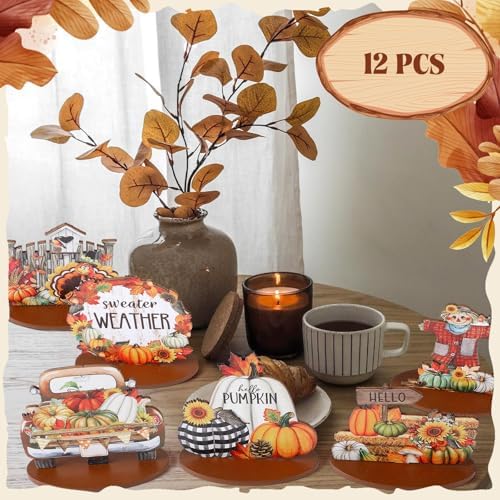 Leinuosen 12 Pcs Fall Table Decorations Thanksgiving Tiered Tray Decor Thanksgiving Centerpieces for Dinner Tables Autumn Gnome Maple Turkey Wooden Sign Fall Decor for Home Kitchen Shelf Farmhouse - Image 6