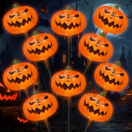 BRIGHTDECK Halloween Solar Pathway Lights Outdoor, LED Decor, Light Up Solar Stake Lights for Holiday, Halloween, Walkway, Sidewalk (Flat Pumpkin, 10-Pack) by BRIGHTDECK