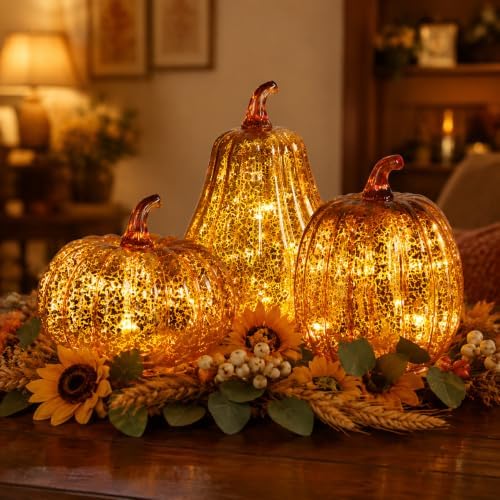 Bdor Mercury Glass Pumpkin Light, Fall Harvest Thanksgiving Halloween Decor by Bdor