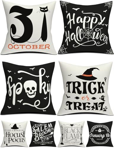 Halloween Decorations Set Of 4 Double-Sided Print Pillow Covers 16" x 16", with 8 Cute Halloween Decor Patterns, Elegant Invisible Zipper, Soft Linen Throw Pillow Covers for Outdoor & Indoor Use by multiwins
