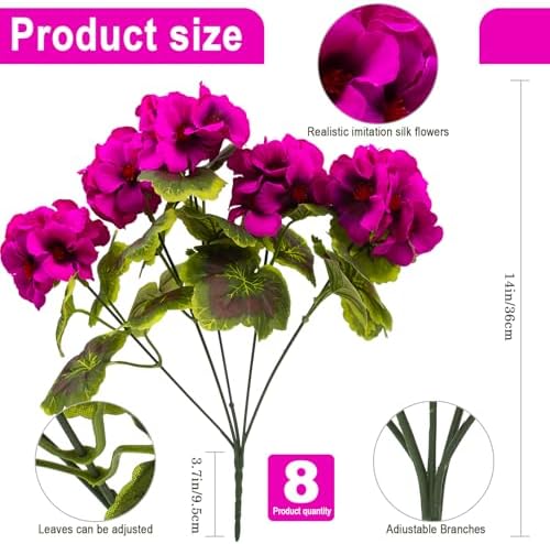 lovemoon 8 Pcs Artificial Geranium Plant Realistic Silk Flowers for Outside UV Resistant Faux Geraniums Flowers for Indoor Outdoor Home Garden Office Decoration (8, Rose Red) - Image 2