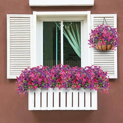 Artificial Flowers for Outdoors 12 Bundles Realistic Faux Plants UV Resistant Fake Silk Morning Glory with Eucalyptus for Front Door Planter Patio Porch Spring Summer Decoration (2 Mixed Color) - Image 3