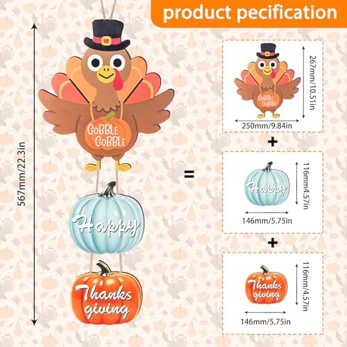 EpcrenAra Thanksgiving Door Hanging Sign Decorations, Wooden Fall Wall Hanger Decor Turkey Pumpkin Wreath Front Door Signs for Porch Wall Indoor Outdoor Deco - Image 2