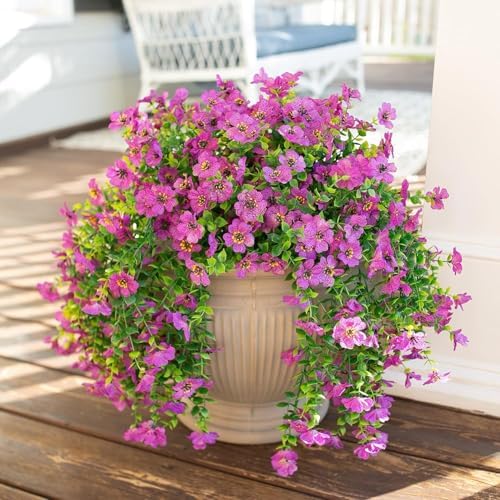 Artificial Hanging Flowers for Outdoor Spring Decoration, 4PCS Fake Silk Daisy with Eucalyptus Leaves UV Resistant Look Real Faux Flowers for Outside Porch Patio Window Box Yard Home Decor (Rose Red) - Image 4