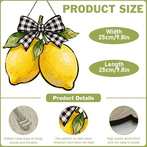 Harooni Lemon Welcome Door Sign for Front Door Summer Yellow Fruit Hanging Wreath 10"x10" Fresh Lemon Wood Sign Front Door Farmhouse Wall Porch Art Home Kitchen Living Room Indoor Outdoor Ornaments - Image 2
