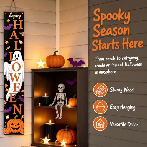 Happy Halloween Ghost Pumpkin Porch Sign 47 Inch Rustic Vertical Welcome Sign Farmhouse Wooden Front Door Standing Outdoor Indoor Halloween Decor - Image 3
