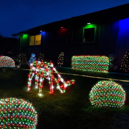 WBao Solar Christmas Net Lights 200LED F8 Big Bulbs, 8.4ft x 5.2ft Christmas Bushes Lights with Remote Control, 8 Modes, Timer, Waterproof for Lawn, Bushes, Outdoor Xmas Decorations, Red Green White - Image 5