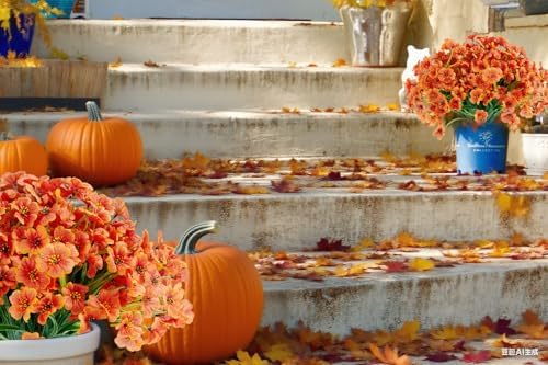16 Bundles Artificial Mums Flowers for Outdorors, UV Protected No Fade Fall Flower for Porch Display Patio Garden Decor Autumn Thankgiving Halloween Decorations (Orange) - Image 3