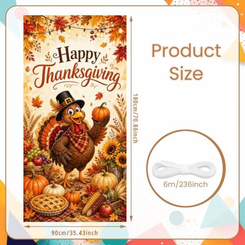 Happy Thanksgiving Door Cover, Thanksgiving Turkey Door Banner with Pumpkin Pie Corn Sunflower Maple Leaves, Fall Harvest Front Door Decorations Porch Wall Party Photo Backdrop 70.8 x 35.4 Inch - Image 2