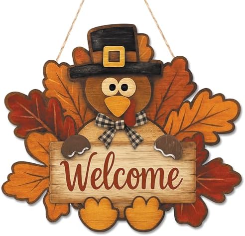 Thanksgiving Turkey Door Sign Turkey Wooden Door Hanger Fall Autumn Welcome Wreath for Front Door Turkey Maple Leaf Door Wreath for Thanksgiving Harvest Porch Windows Indoor Outdoor Decor by HEYINSHEN