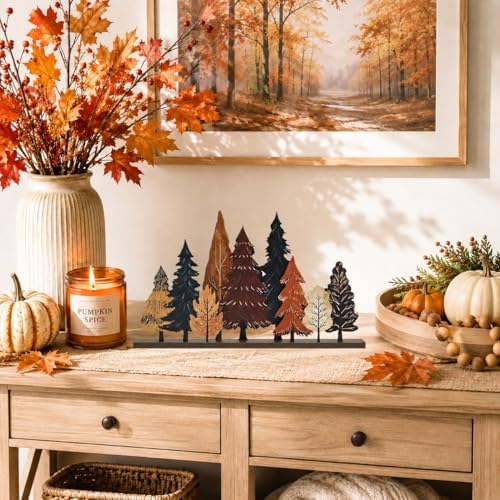 Smile Fall Thanksgiving Wooden Standing Decor, Autumn Forest Maple Pine Tree Tiered Tray Signs with Stands for Rustic Farmhouse Home Kitchen Shelf Decor - Image 4