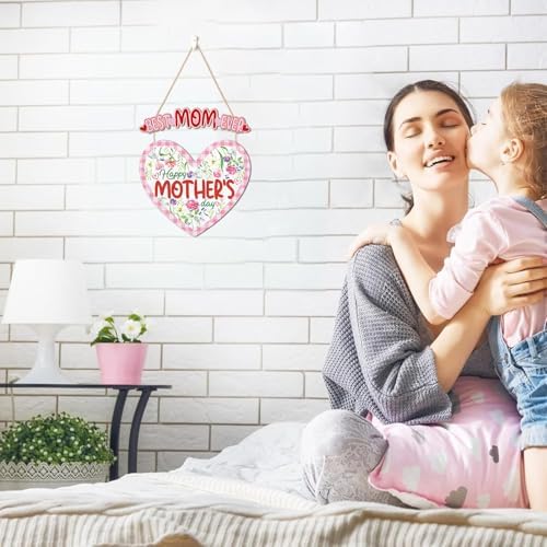 HOURIA Happy Mother's Day Wooden Sign(11.4”x12.5”),Vintage Best Mom Ever Wall Decor,Pink Flower Heart Shaped Door Hanger for Mom Grandma Woman - Image 4