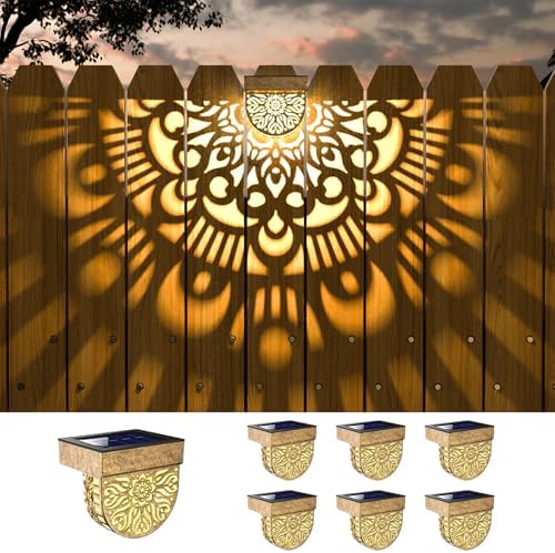 6 Pack Solar Fence Lights Outdoor Wall Lights Gold Plastic Solar Powered Deck Step Stair Lights Mandala Theme Waterproof Fence Solar Light for Garden Post Patio Backyard Yard Decor by EKQ