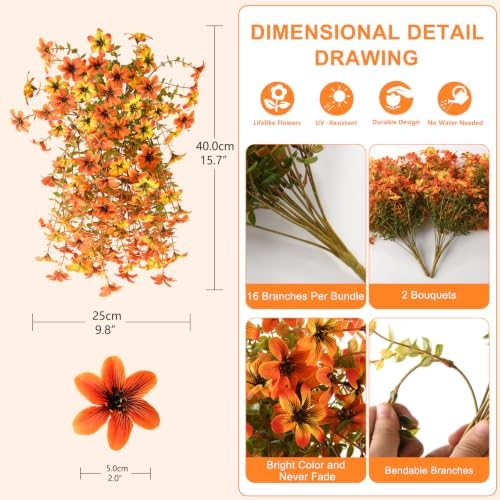 Artificial Hanging Fall Flowers for Outdoors, 2 Pcs Fake Mums Plants - Image 2