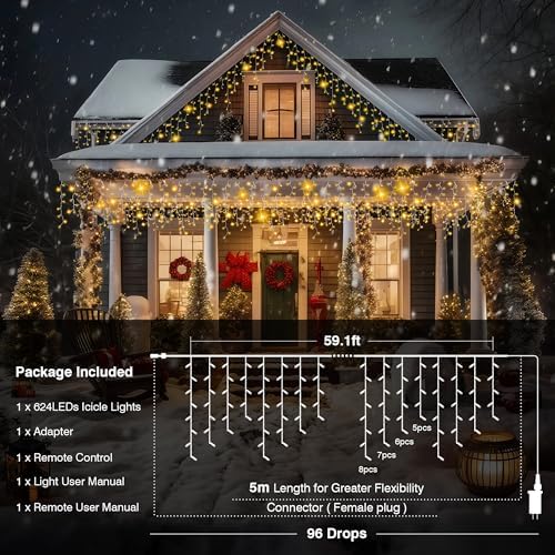 Xahpower 622 LED Icicle Lights Outdoor, Plug in 59ft Waterproof Christmas String Lights, Remote & Timer, Decoration for Wedding, Garden - Image 7