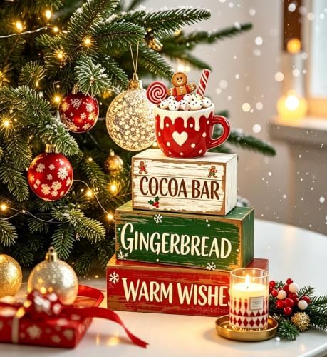 4 Pcs Cocoa Bar Christmas Tiered Tray Decor, Rustic Distressed Stacked Wood Block Signs, 3D Hot Cocoa Mug Gingerbread Man Topper Winter Table Centerpiece, Farmhouse Mantel Coffee‑Bar Xmas Home Decor - Image 3