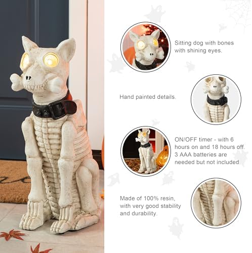 Glitzhome Halloween Porch Decorations, Lighted Halloween Front Porch Standing Sign Decor with Timer, MGO Skeleton Dog Sign for Indoor Patio Party, 20.5" H - Image 3
