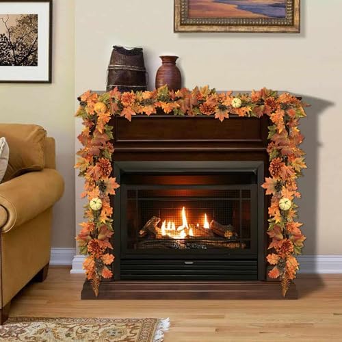 Artificial Fall Maple Leaves Garland Hanging Vine 6Ft Fake Pumpkin Pine Berries Autumn Decoration Garland Decor for Fireplace Home Doorway Party Indoor Outdoor - Image 6