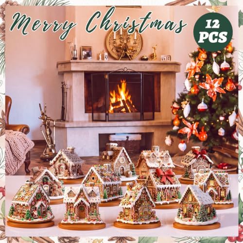 Leinuosen 12 Pcs Gingerbread Christmas Table Decoration Gingerbread House Tiered Tray Decor Wooden Ginger Bread Village Centerpiece Farmhouse Xmas Decor for Home Kitchen Coffee Bar Shelf Indoor - Image 4