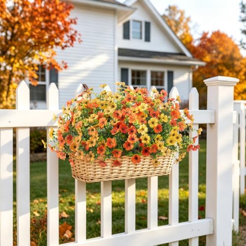 Fall Mums Artificial Flowers for Outdoors Potted, 12 Bundles Fake Fall Daisy Flower with Realistic Eucalyptus Leaves, Fake Plants for Greenery Boxwood Porch Patio Garden Pot Lawn(Yellow Orange) - Image 6