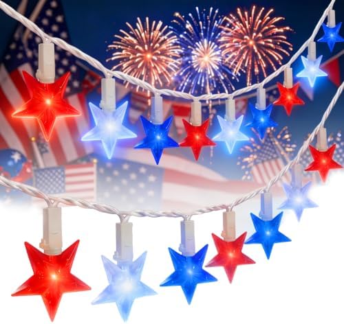 35 Red White and Blue Star Lights, 13.6Ft 4th of July String Lights by Unknown