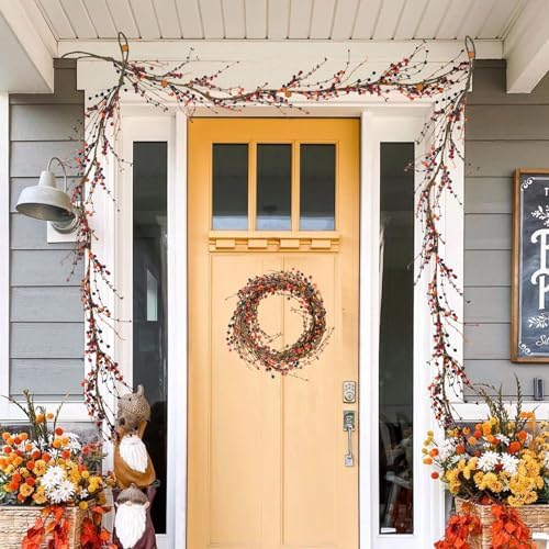 4.2 FT Fall Berry Garland - Artificial Orange Stems and Autumn Vine for Mantel, Fireplace, Christmas Tree, Front Door, Thanksgiving Table Decor - Image 3