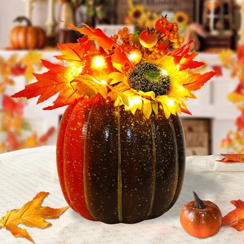 MorTime 11 Inch Thanksgiving Lighted Pumpkin Decor, Thanksgiving Decorations Artificial Pumpkin with 30 LED Lights 9 Maple Leaves 2 Pumpkins 2 Berry Stems Sunflower Straw, Autumn Home Decorations - Image 5
