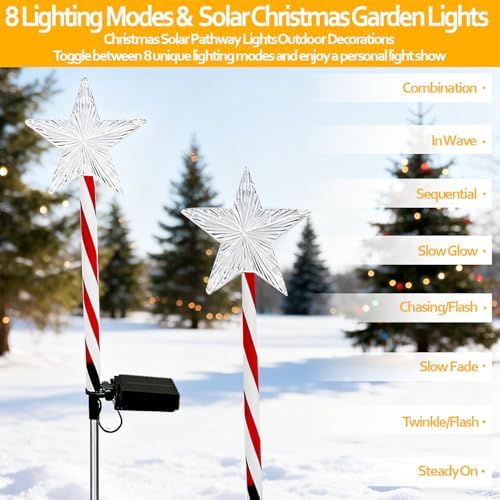 4 Pack Tangle-Free Installation Christmas Solar Pathway Lights Outdoor Decorations, 8 Modes Star Candy Garden Stake Lights Waterproof for Walkway Yard Lawn Porch Holiday Decor (Warm White) - Image 5