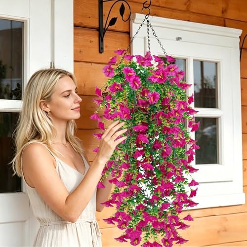 6 Pcs Artificial Hanging Flowers 30 Inch Rose Red Deep Pink Morning Glory Vines UV Resistant Fake Hanging Plants Silk Hanging Flowers for Outdoor Spring Summer Garden Balcony Window Box Decor - Image 4