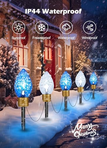 Brightown 2 Pack Jumbo Christmas Pathway Lights Outdoor - 10.5 Feet 5 LED C9 Walkway Light, Covered Jumbo Strawberry Bulb Decorations for Lawn Outside, Blue ＆ White - Image 4