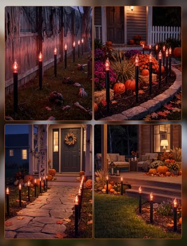 Halloween Pathway Lights Outdoor, 19.5Ft Halloween Pathway Marker String Lights with 10 C18 Flicker Flame Black Candles Stakes Lights Plug in Walkway Light for Lawn Garden Sidewalk Driveway - Image 7
