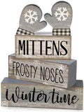 Lineshading 4 Pcs Winter Table Decorations Wooden Mittens Decor Winter Tiered Tray Decor Rustic Snowflake Mittens Block Signs Gift Farmhouse Christmas Centerpiece for Wonderland Party Kitchen Home by Lineshading