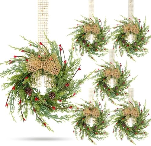 6 Pcs 9 Inch Christmas Wreaths for Kitchen Cabinet Artificial Cedar Pine Hanging Wreath with Red Berries Pine Needles for Front Door Xmas Swag Wreaths for Christmas Winter Farmhouse Home Decorations by Unknown