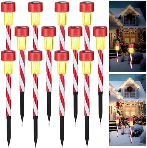 Honoson 12 Pcs Christmas Solar Pathway Lights Outdoor - Candy Cane Xmas Decorative Lighting, IP65 Waterproof for Patio, Lawn, Yard, Landscape, Driveway, Path, Party Decor - Warm Lights by Honoson