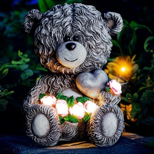YDKOJGW Solar Garden Outdoor Statues Bear with Heart and Pink Flower and 5 LED Lights-Lawn Decor Bear Statue for Patio, Balcony, Yard Ornament-Unique Housewarming Gifts for Mom, Women by YDKOJGW