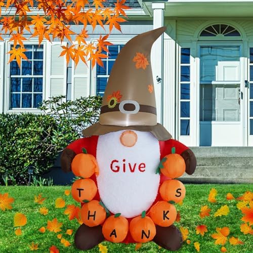 Juegoal Thanksgiving Inflatable Gnome, 4 FT Lighted Cute Gnome with Pumpkins, Blow up Animated Fall Decor, Light Up for Autumn Harvest Outdoor Indoor Holiday Home Party Yard Lawn Garden Display by Juegoal