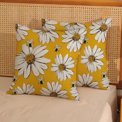 Summer Pillow Covers 16x16 Inch Set of 2 Floral Bee Sunflowers Yellow Throw Pillows Spring Outdoor Decorative Pillow Cases Linen Farmhouse Seasonal Cushion Covers Decor for Living Room Couch - Image 3