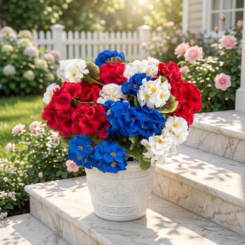 lovemoon 16 Pcs Artificial Geraniums Realistic Silk Patriotic Flowers, Red White Blue Faux Geranium Flowers for Outdoor Home 4th of July Office Decoration(16, Red White Blue) - Image 5