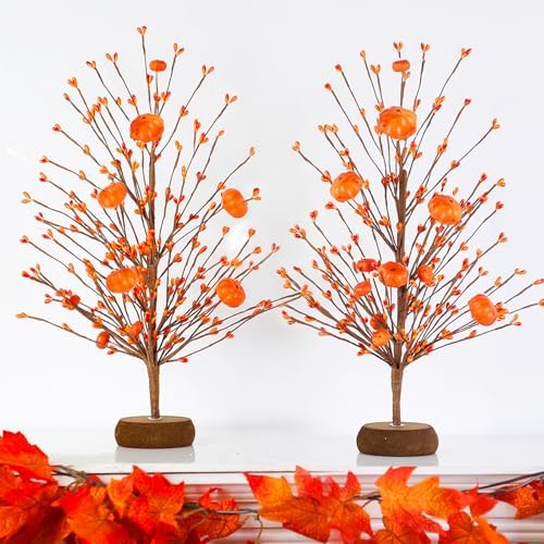 2 Pack Fall Decor Artificial Tree with Orange Pumpkins and Berries 15 Inch by TURNMEON