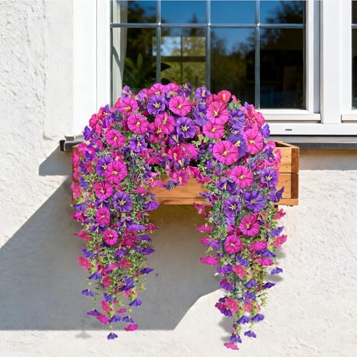 Artificial Hanging Flowers for Outdoors, 2 PCS 300 Blooms UV Resistant Morning Glory Faux Silk Vines, No-Odor Realistic Fake Plants for Garden Planter Porch Patio Decoration, Fuchsia & LightPurple - Image 6